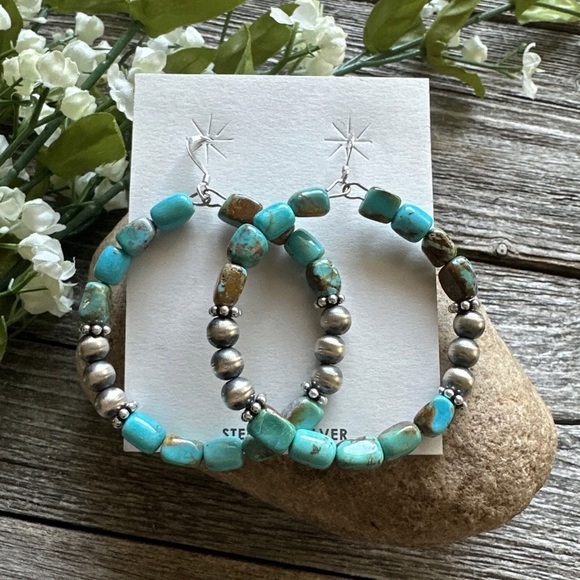 Sterling Silver Blue Green Turquoise Oxidized Pearls Bead Hoop Earrings 2.6 Inch - Picture 5 of 12